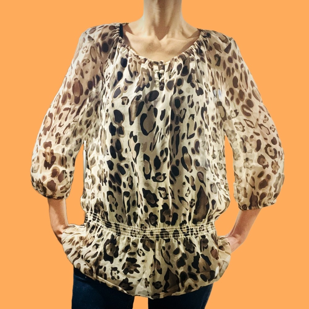 Chico’s Animal Print Gold Metallic Organza Blouse Size 1 / Small